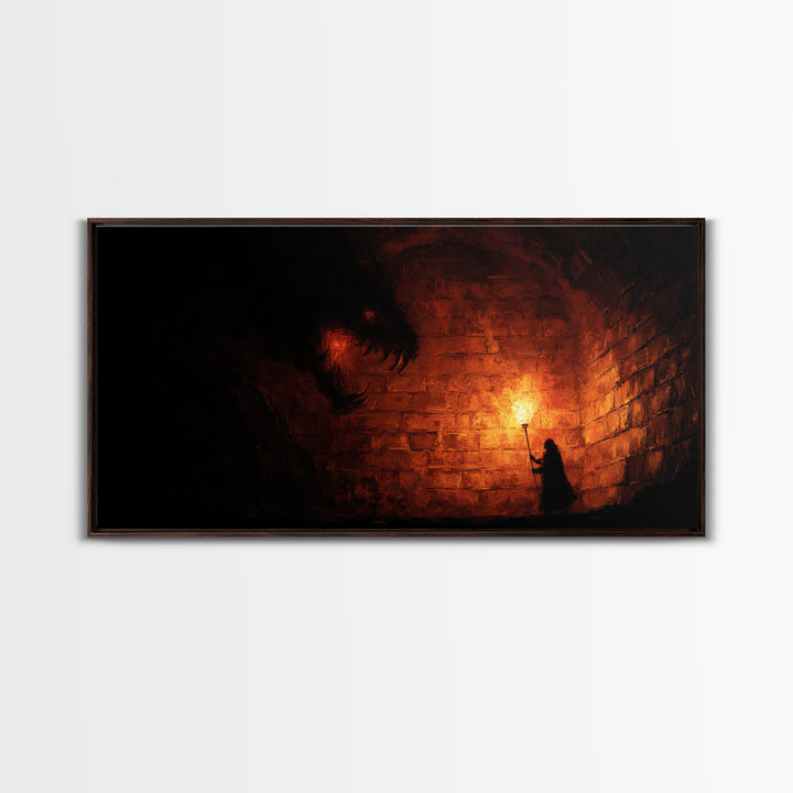 Cloaked Figure With Torch Facing Dungeon Beast Canvas Print, Gothic Wall Art, Dark Fantasy Creepy Horror Decor Gift For Him