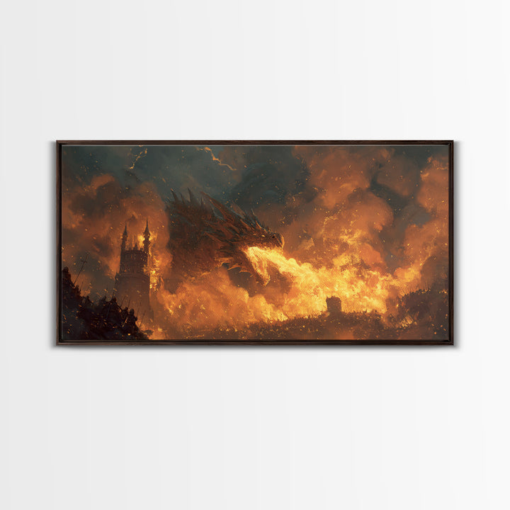 Red Dragon Breathing Fire Over War Torn Kingdom Framed Canvas Print, Epic Fantasy Wall Art, Medieval Castle Decor Gift For Him