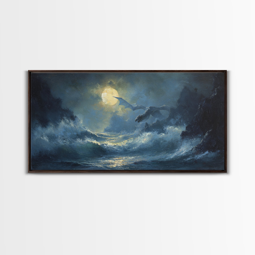 Moonlit Dragons Flying Over Stormy Ocean Waves Canvas Print, Fantasy Seascape Wall Art, Coastal Gothic Bedroom Decor Gift