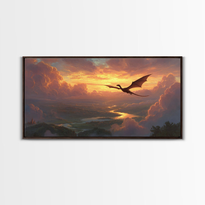 Sunset Dragon Over Golden River Valley Canvas Print, Fantasy Landscape Wall Art, Epic Castle Decor, Large Panoramic Artwork