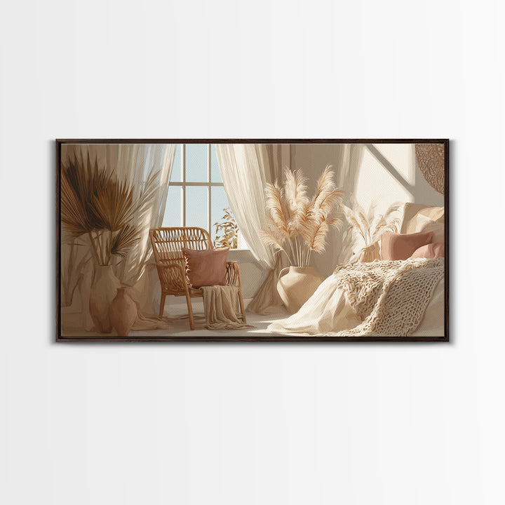 Sunlit Boho Bedroom With Pampas Grass Framed Canvas Print, Neutral Wall Art, Cozy Home Decor, Above Bed Decor Gift For Her