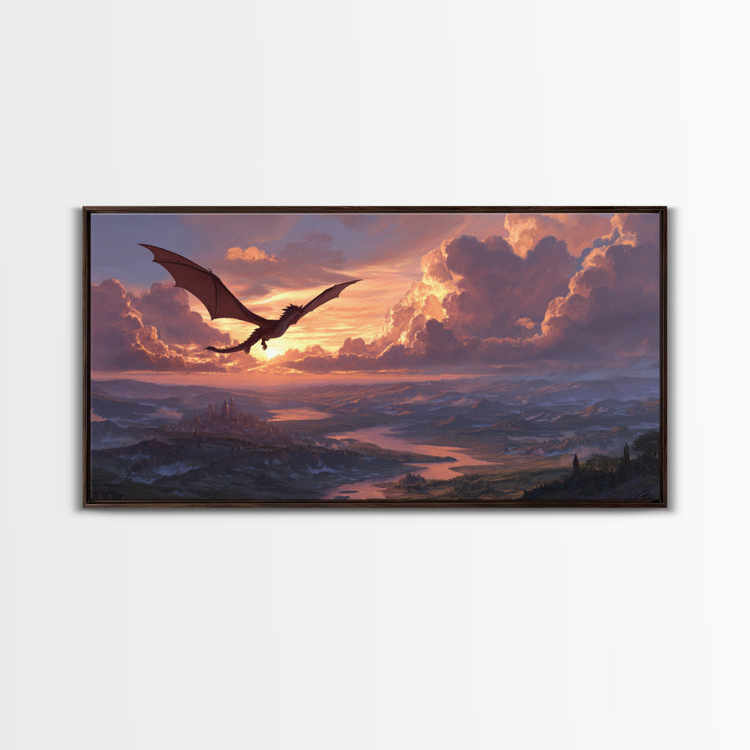 Black Dragon Gliding Above Sunset Kingdom Framed Canvas Print, Fantasy Landscape Wall Art, Castle Lake Decor, Epic Wall Decor