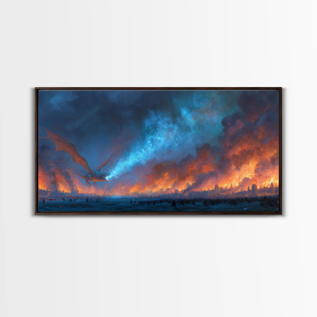 Blue Fire Dragon Over Burning Battlefield Canvas Print, Dark Fantasy Wall Art, Epic War Decor, Large Medieval Battle Artwork