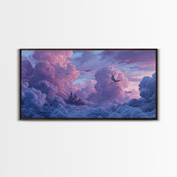 Dragons Soaring Through Lavender Clouds Canvas Print, Whimsical Fantasy Wall Art, Floating Castle Decor, Dreamy Sky Artwork