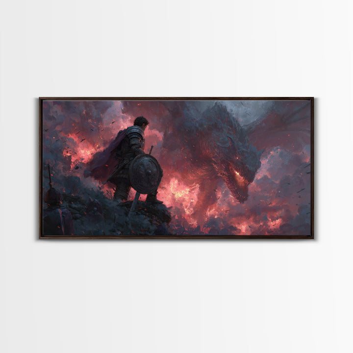 Lone Warrior Facing Shadow Dragon Framed Canvas Print, Dark Fantasy Wall Art, Gothic Battle Decor, Epic Medieval Artwork