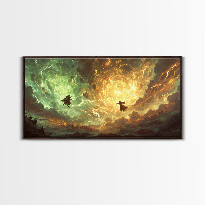 Soaring Wizards And Golden Magic Portal Wall Art, Mystical Fantasy Landscape, Spellcaster Canvas Print, Gaming Room Decor