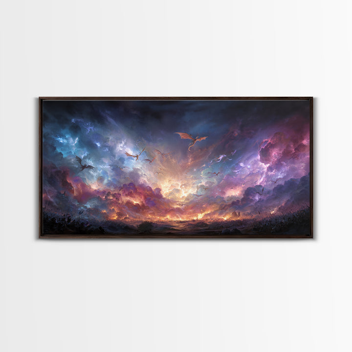 Dragons Flying Through Stormy Cosmic Sky Wall Art, Dark Fantasy Landscape Canvas Print, Surreal Decor, Gamer Room Art, Moody Wall Decor