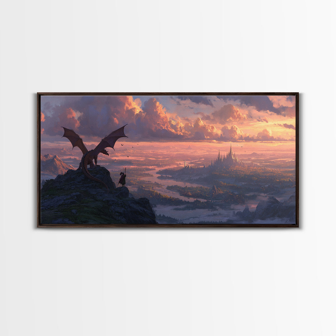 Dragon Rider Over Vast Castle City At Sunset Wall Art, Epic Fantasy Landscape Canvas Print, Medieval Decor, Gift For Gamer