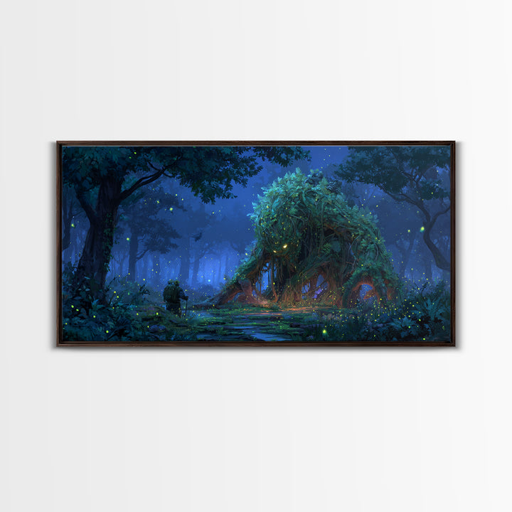Glowing Forest Spirit Beneath Starry Trees Wall Art, Whimsical Fantasy Canvas Print, Woodland Nursery Decor, Nature Gift