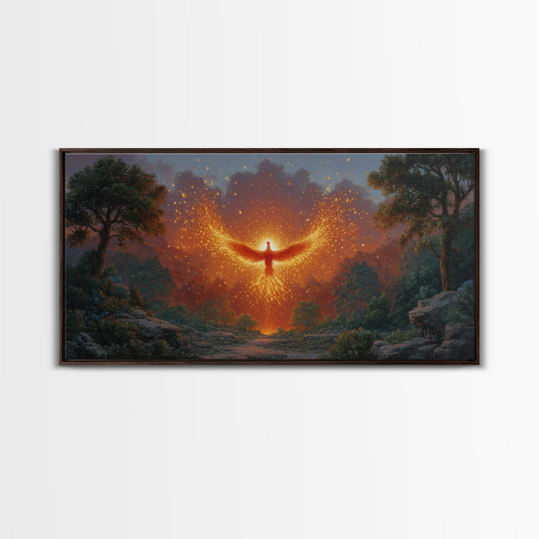 Glowing Phoenix Spirit In Enchanted Forest Wall Art, Fantasy Landscape Canvas, Mystical Home Decor, Magical Gift For Her