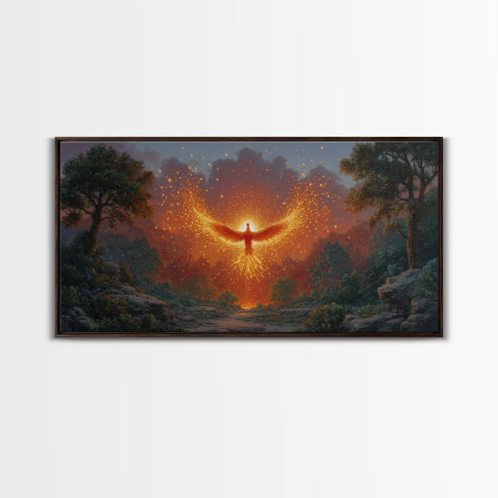 Glowing Phoenix Spirit In Enchanted Forest Wall Art, Fantasy Landscape Canvas, Mystical Home Decor, Magical Gift For Her