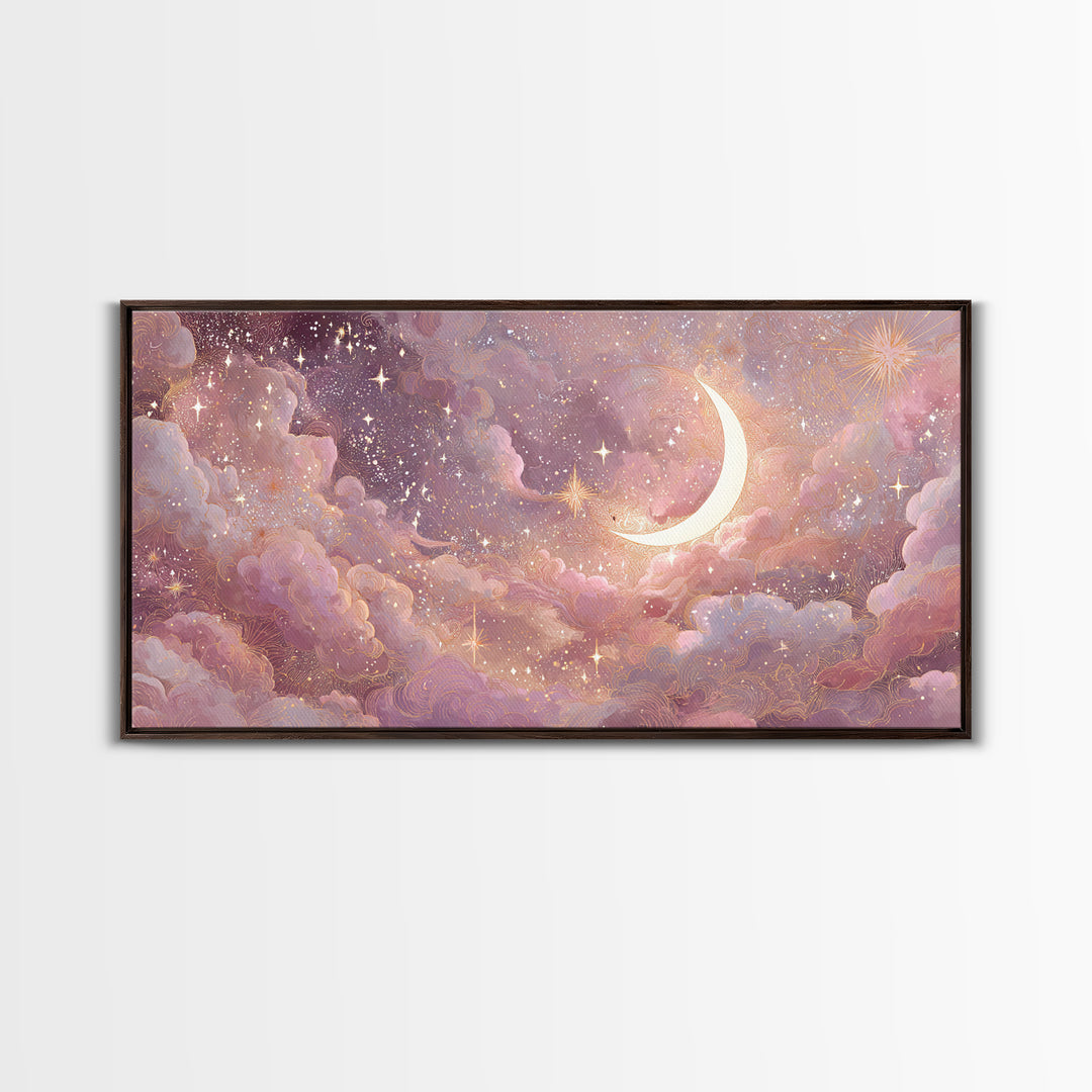 Pastel Crescent Moon And Starry Cloud Wall Art, Celestial Art Print, Whimsigoth Decor, Nursery Room Wall Decor, Gift For Her