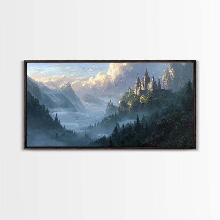 Misty Mountain Castle Above Forest Valley Framed Canvas Print, Fantasy Landscape Wall Art, Large Medieval Home Decor Housewarming Gift