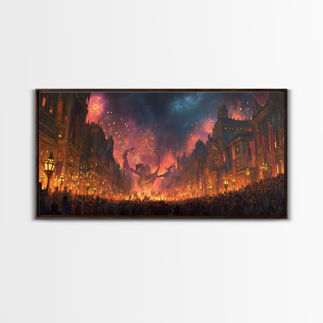 Fiery Dragon Festival In Grand City Wall Art, Dark Fantasy Canvas Print, Maximalist Decor, Gaming Room Poster Gift For Him