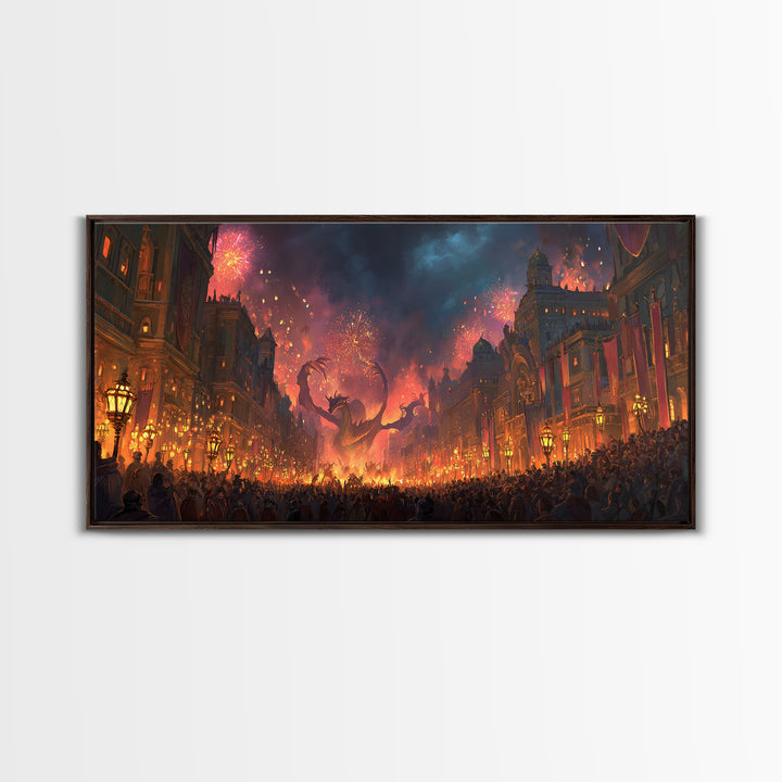 Fiery Dragon Festival In Grand City Wall Art, Dark Fantasy Canvas Print, Maximalist Decor, Gaming Room Poster Gift For Him