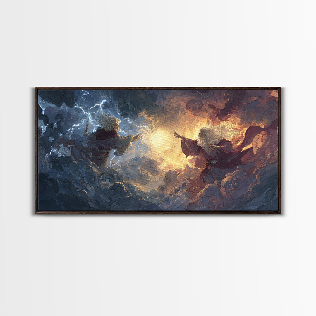 Storm Wizards Casting Light In Celestial Clouds Canvas Print, Fantasy Wall Art, Mystical Decor, Dramatic Surreal Art Gift