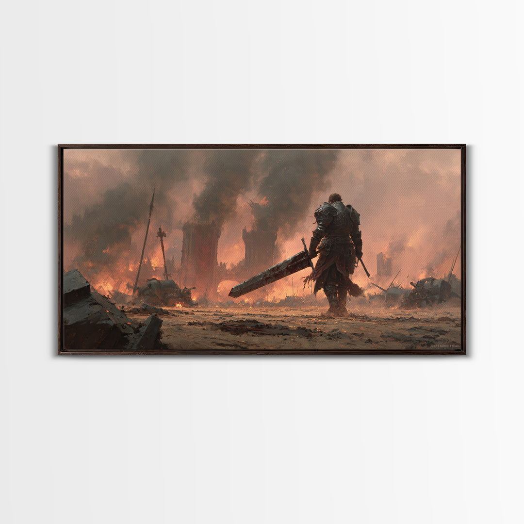 Armored Warrior With Giant Sword In Burning Ruins Canvas Print, Dark Fantasy Wall Art, Medieval Game Room Decor Gift For Him
