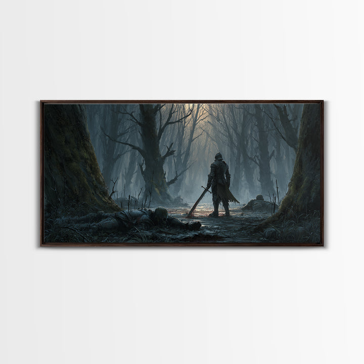 Lone Knight In Haunted Swamp Forest Wall Art, Dark Fantasy Canvas Print, Gothic Decor, Moody Medieval Home Decor Gift For Him