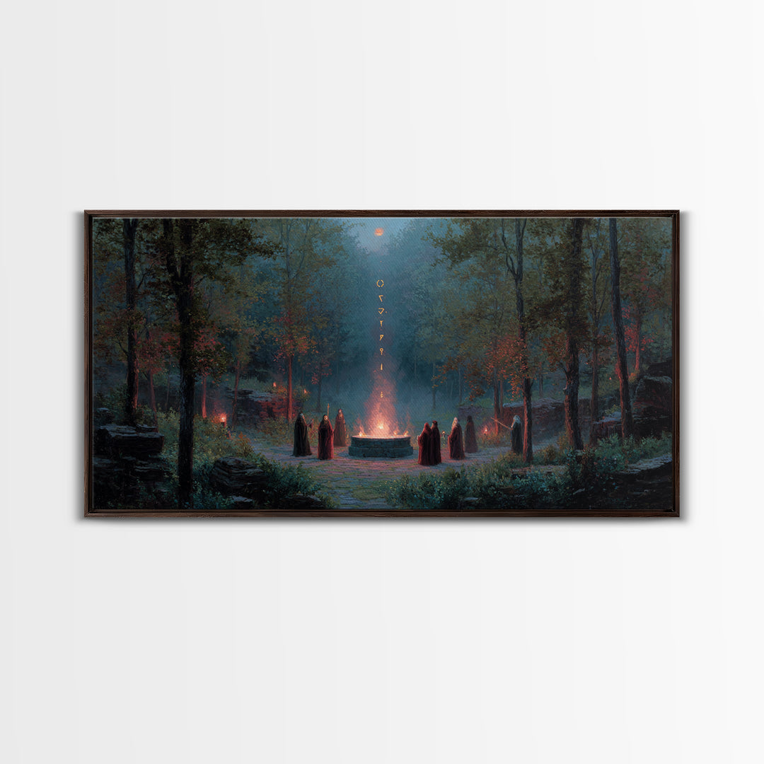 Hooded Druids Around Moonlit Forest Altar Wall Art, Dark Fantasy Canvas Print, Gothic Witchy Decor, Mystical Home Decor Gift