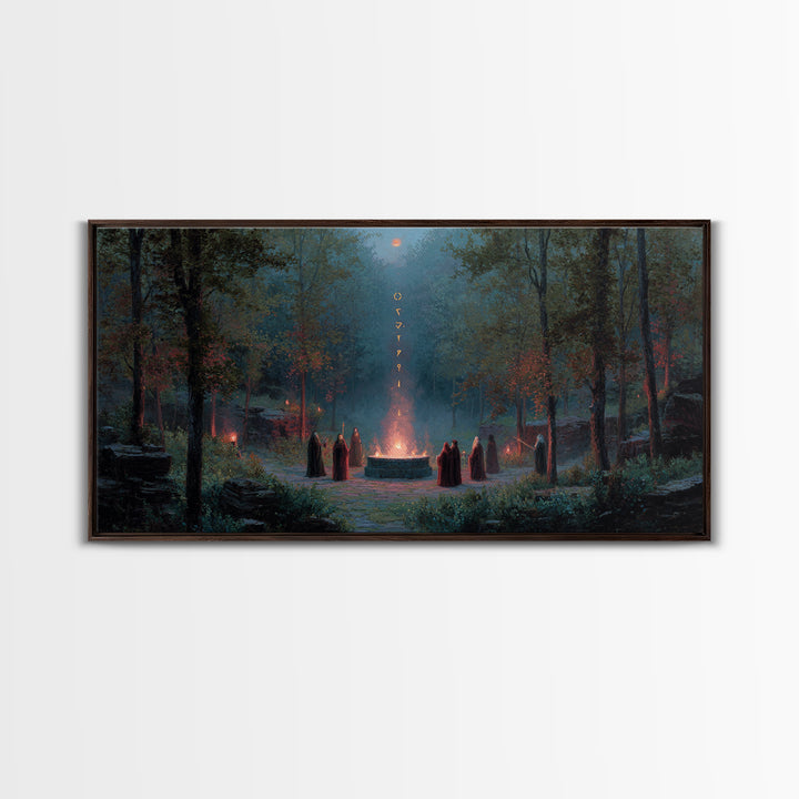 Hooded Druids Around Moonlit Forest Altar Wall Art, Dark Fantasy Canvas Print, Gothic Witchy Decor, Mystical Home Decor Gift