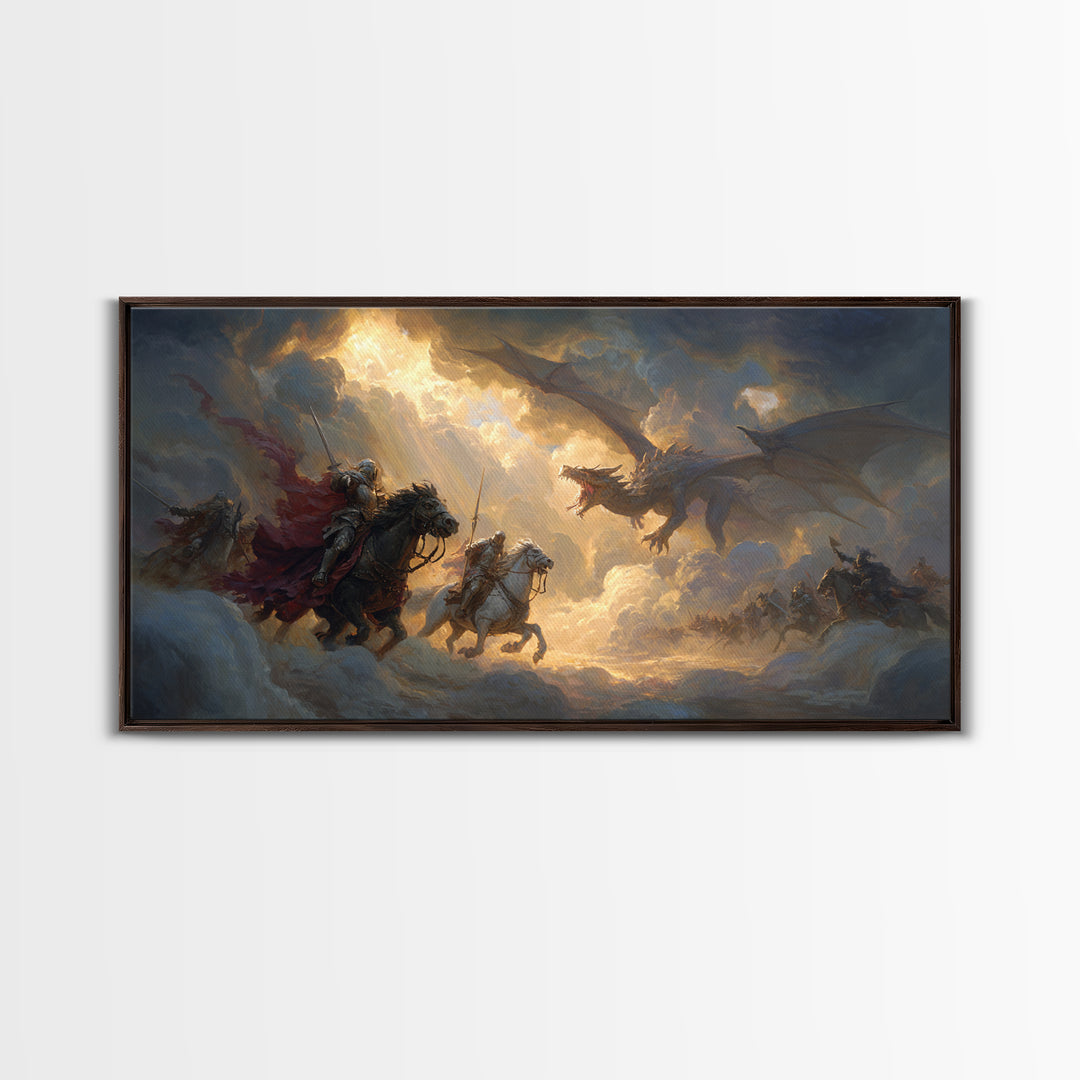 Knights Charging Toward Dragon In Stormy Sky Canvas Print, Epic Fantasy Wall Art For Gamer Room And Medieval Home Decor Gift