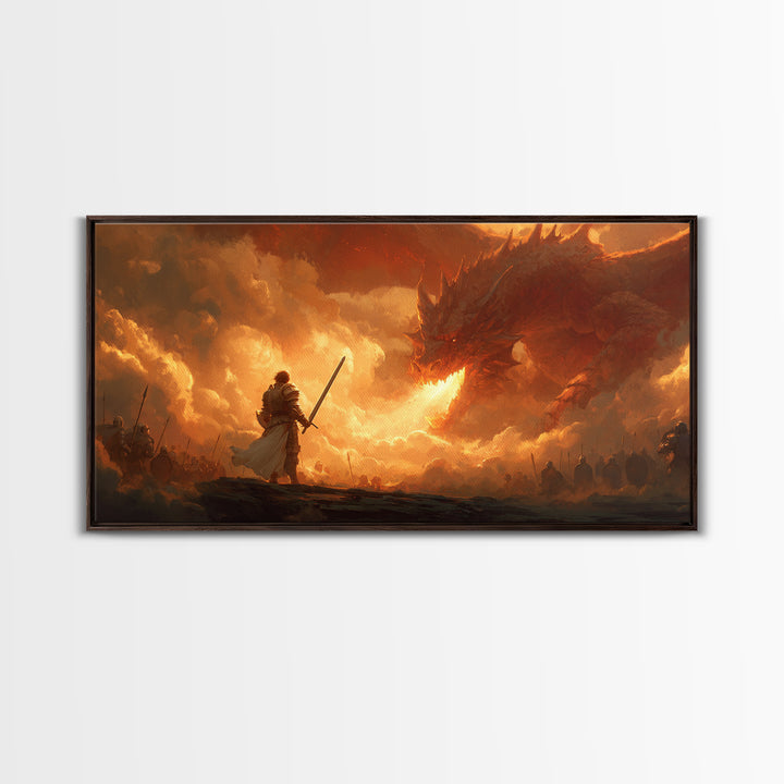 Lone Swordsman Facing Fire Dragon Wall Art, Dark Fantasy Canvas Print For Medieval Decor, Gamer Room, And Unique Gift For Him