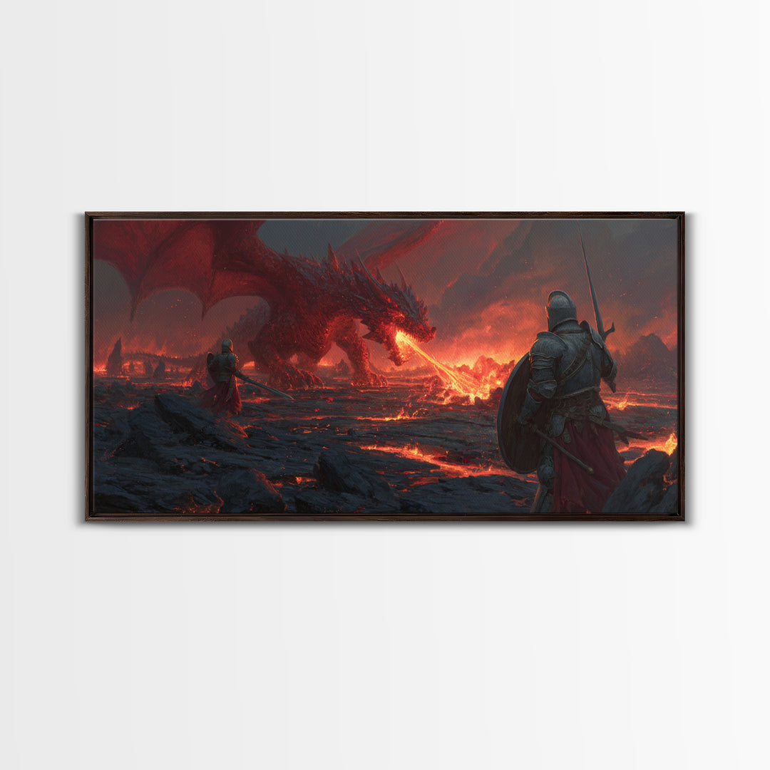 Armored Knights Facing Lava Dragon Canvas Print, Dark Fantasy Wall Art For Medieval Gaming Room And Dramatic Home Decor Gift