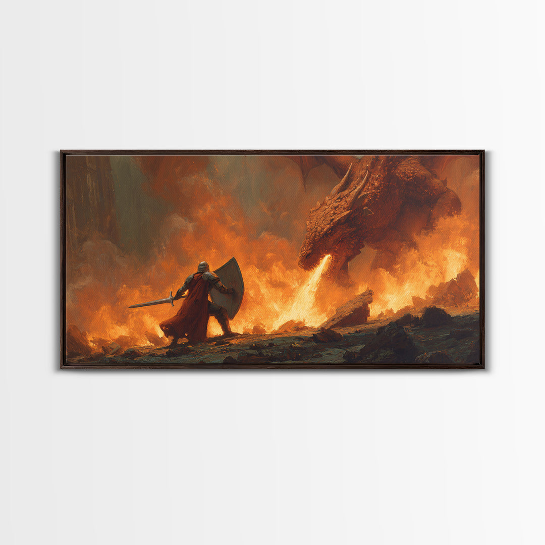 Knight With Shield Against Fire Dragon Wall Art, Epic Fantasy Canvas Print For Medieval Decor And Masculine Office Art Gift