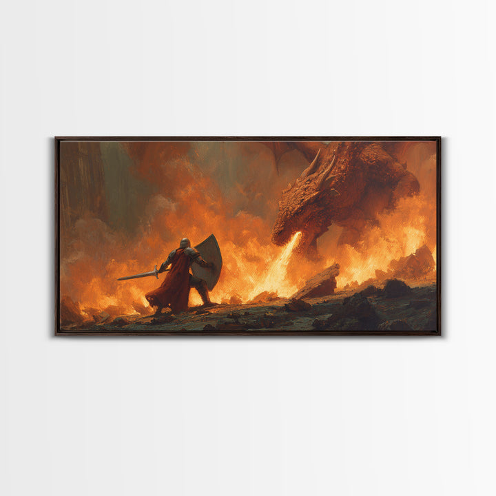 Knight With Shield Against Fire Dragon Wall Art, Epic Fantasy Canvas Print For Medieval Decor And Masculine Office Art Gift