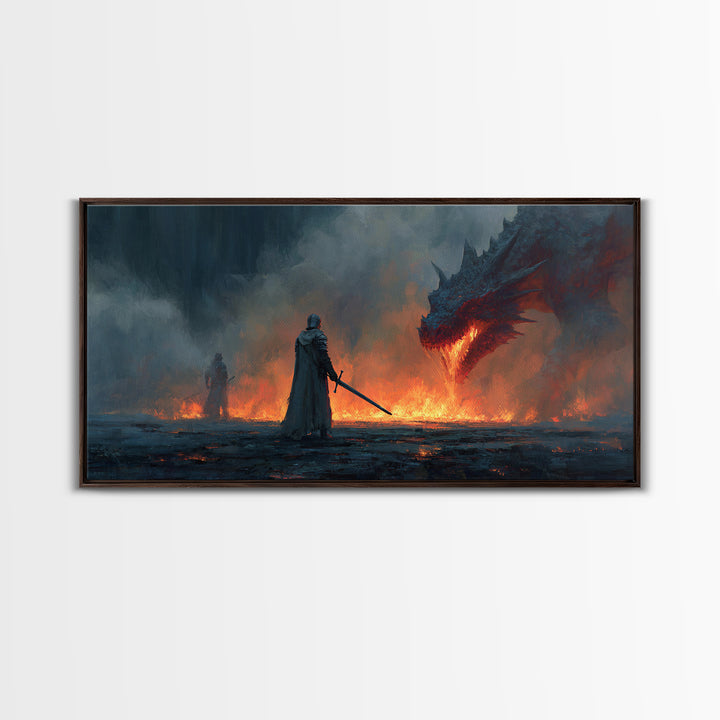 Cloaked Warrior Facing Blue Dragon Canvas Print, Moody Dark Fantasy Wall Art For Gamer Room Decor And Gothic Gift For Him