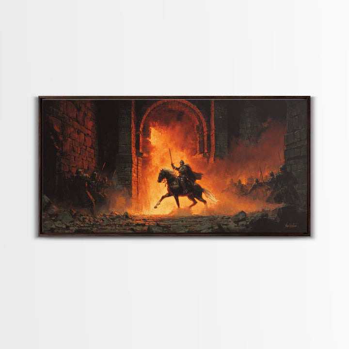Mounted Knight Riding Through Fiery Gate Wall Art, Medieval Fantasy Canvas Print For Dark Castle Decor And Gamer Gift Idea