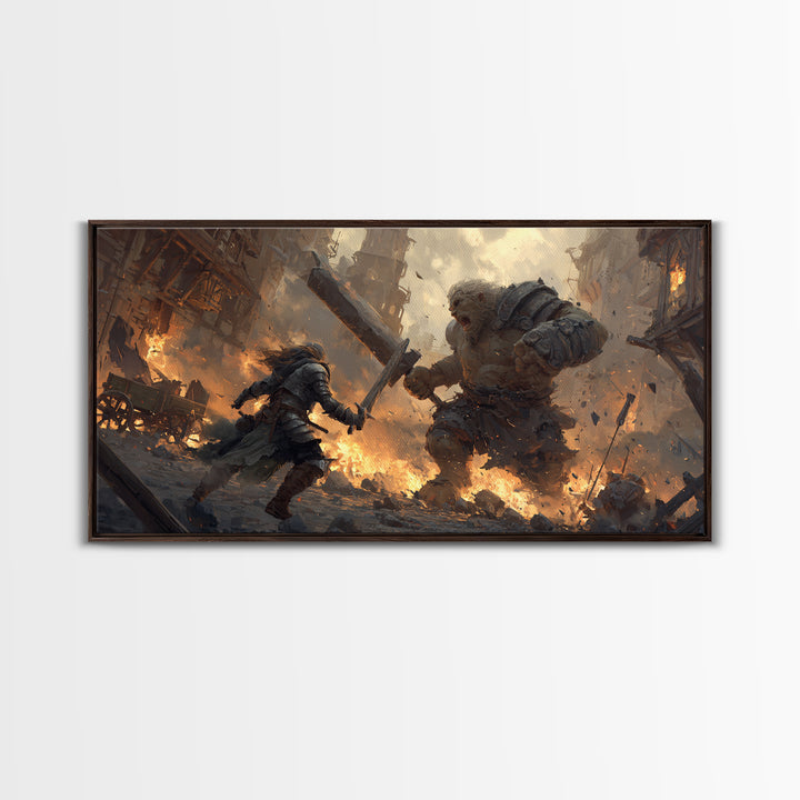 Armored Warrior Battling Giant Troll Canvas Print, Epic Fantasy Wall Art For Gaming Room Decor And Medieval Gift For Him