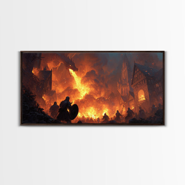 Dragon Burning Medieval Village Wall Art, Dark Fantasy Canvas Print For Gothic Castle Decor, Gamer Room, And Gift For Him