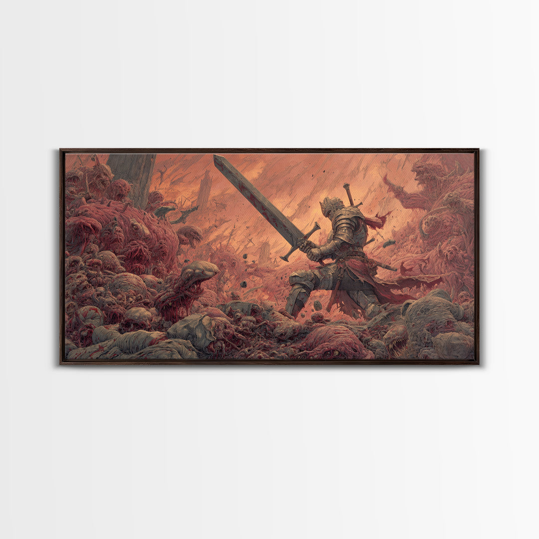 Armored Hero With Giant Sword Wall Art, Surreal Dark Fantasy Canvas Print For Monster Battle Decor And Gothic Gamer Gift