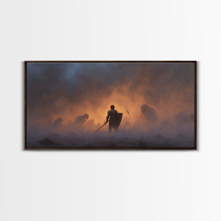 Lone Knight In Smoky Ember Battlefield Wall Art, Dark Fantasy Art, Medieval Warrior, Gothic Decor, Dramatic Canvas Print