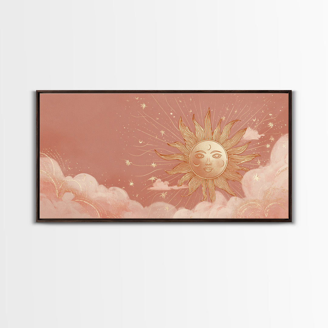 Peach Boho Sun Face In Cloudy Sky Wall Art, Celestial Art Print, Nursery Wall Decor, Whimsical Kids Room Decor Gift For Her