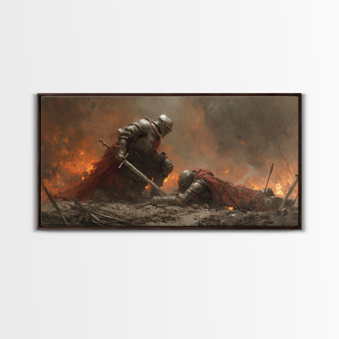 Armored Knight Lifting Fallen Warrior Framed Canvas Print, Dark Fantasy Art, Medieval Battle, Gothic Wall Decor, Gift For Him