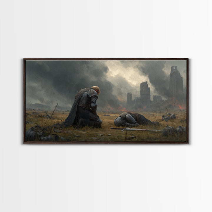 Kneeling Knight Beside Fallen Comrade Wall Art, Dark Fantasy Landscape, Medieval Ruins, Moody Wall Decor, Large Canvas Print