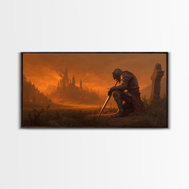 Kneeling Knight Before Burning Castle Canvas Print, Dark Fantasy Art, Medieval Landscape, Gothic Wall Decor, Office Decor