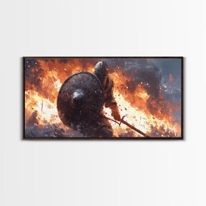 Shielded Knight Charging Through Fire Wall Art, Dark Fantasy Warrior, Medieval Battle, Gothic Home Decor, Statement Canvas Print