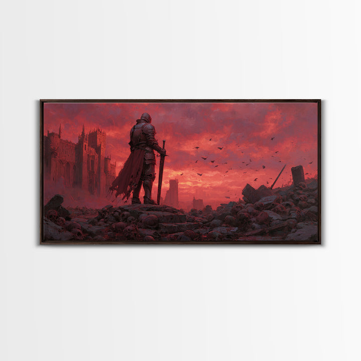 Knight Standing Among Skulls At Red Ruins Wall Art, Dark Fantasy Art, Gothic Decor, Medieval Warrior, Dramatic Canvas Print
