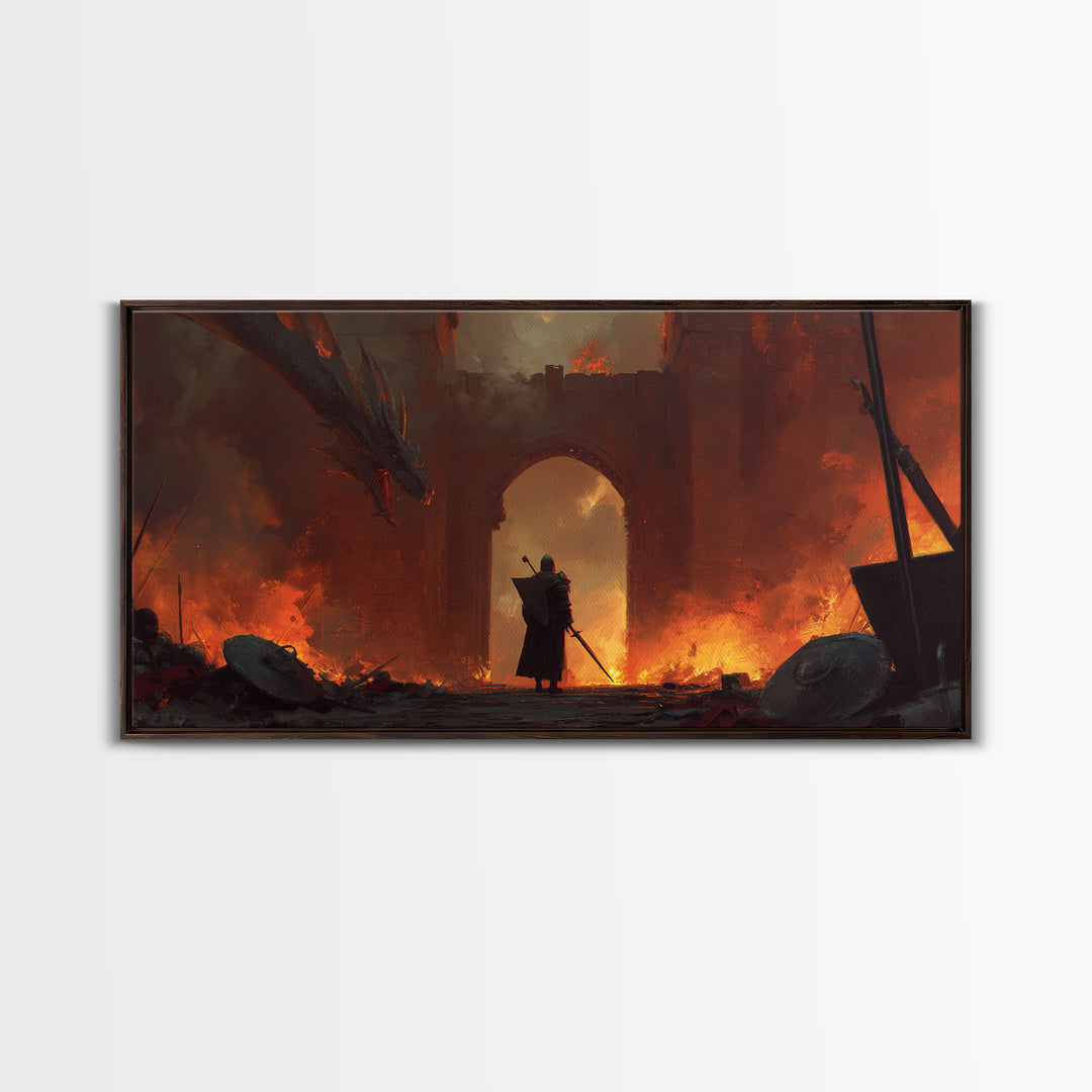 Knight Facing Dragon At Burning Gate Framed Canvas Print, Dark Fantasy Art, Medieval Castle, Gothic Wall Decor, Epic Gift