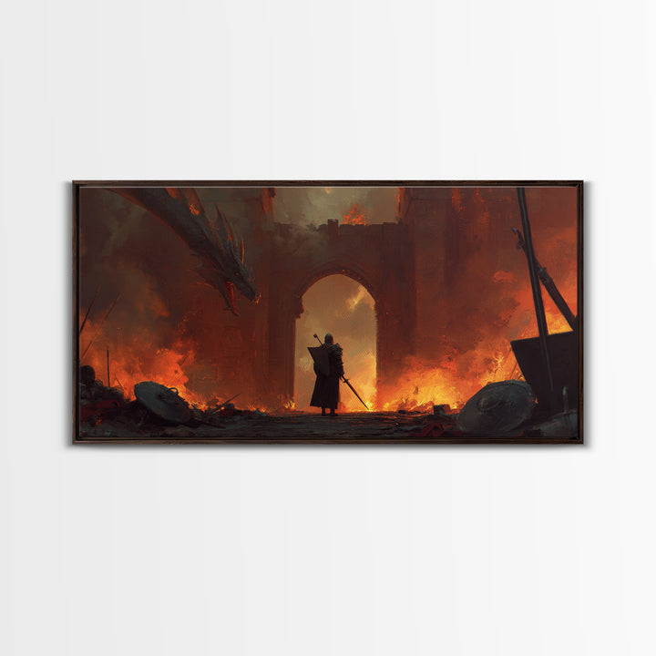 Knight Facing Dragon At Burning Gate Framed Canvas Print, Dark Fantasy Art, Medieval Castle, Gothic Wall Decor, Epic Gift