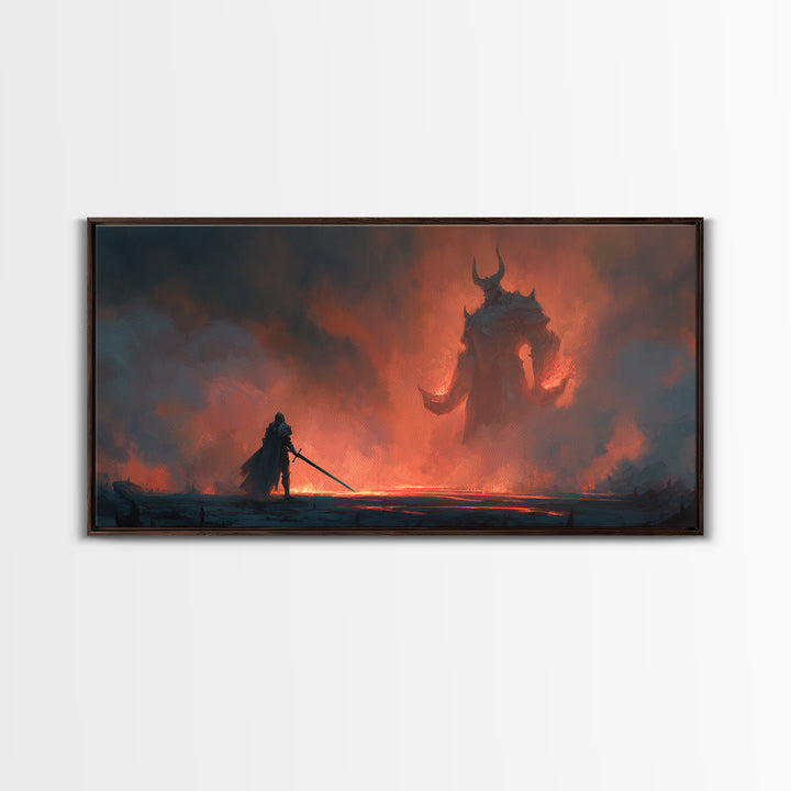 Lone Knight Facing Fire Demon Wall Art, Dark Fantasy Art, Surreal Gothic Decor, Medieval Warrior, Epic Statement Canvas Print