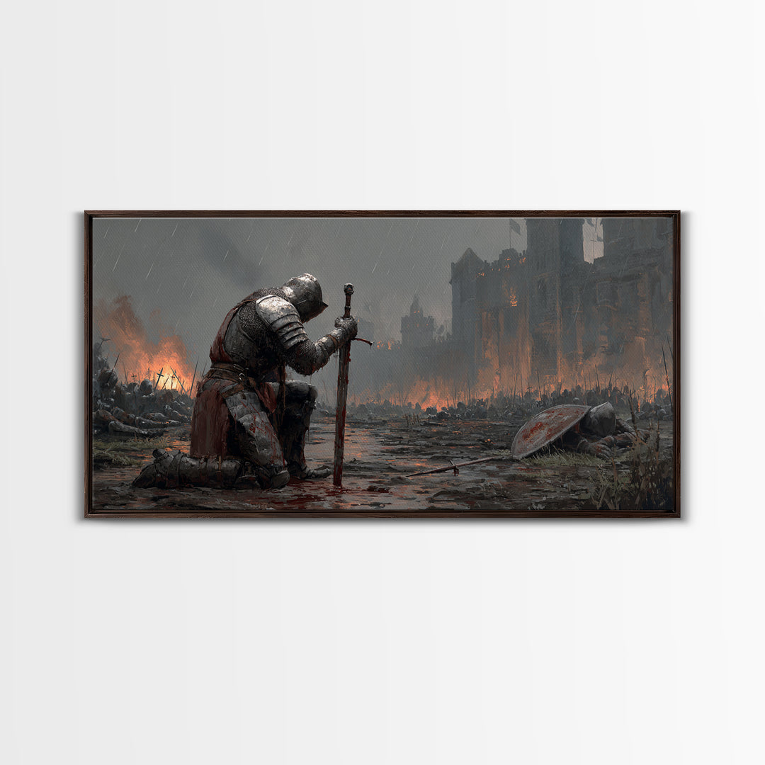Kneeling Knight In Rainy Battlefield Framed Canvas Print, Dark Fantasy Wall Art, Medieval Castle Office Decor Gift For Him