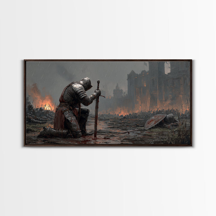 Kneeling Knight In Rainy Battlefield Framed Canvas Print, Dark Fantasy Wall Art, Medieval Castle Office Decor Gift For Him