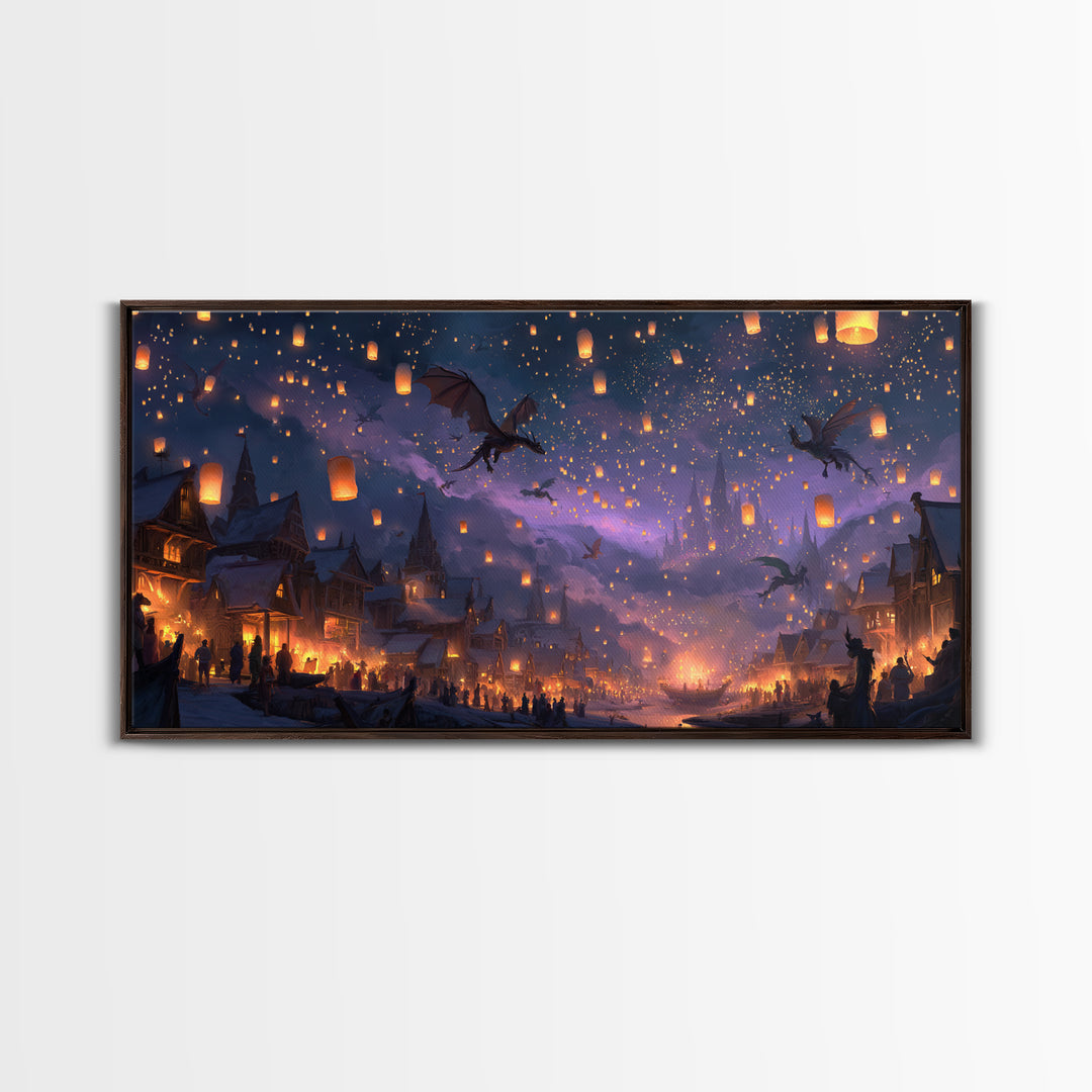 Dragon Lantern Festival Village Canvas Print, Fantasy Wall Art, Whimsical Night Sky Decor, Magical Kids Room Decor Gift Idea
