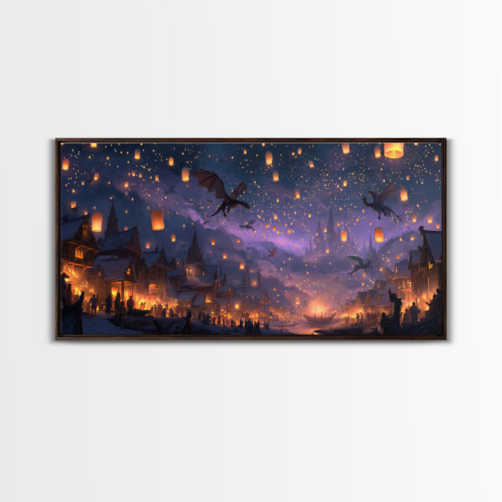 Dragon Lantern Festival Village Canvas Print, Fantasy Wall Art, Whimsical Night Sky Decor, Magical Kids Room Decor Gift Idea