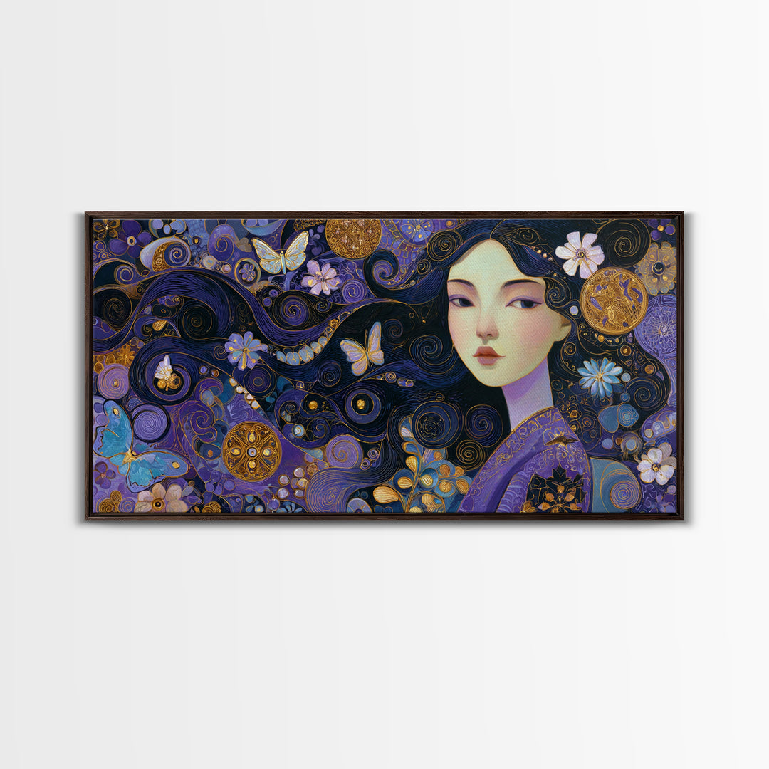 Purple Art Nouveau Woman Wall Art, Feminine Portrait Canvas Print, Butterfly Floral Decor, Gold Boho Gallery Wall Art Print