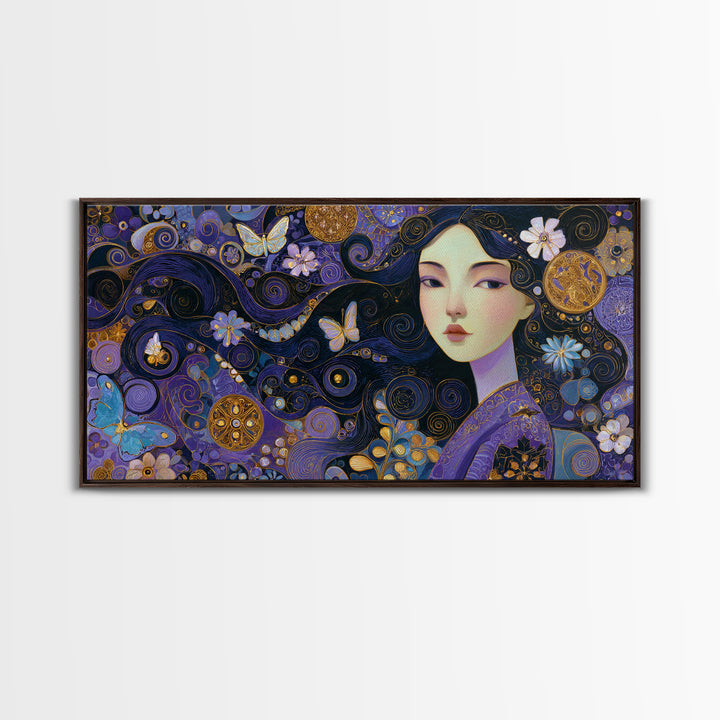 Purple Art Nouveau Woman Wall Art, Feminine Portrait Canvas Print, Butterfly Floral Decor, Gold Boho Gallery Wall Art Print